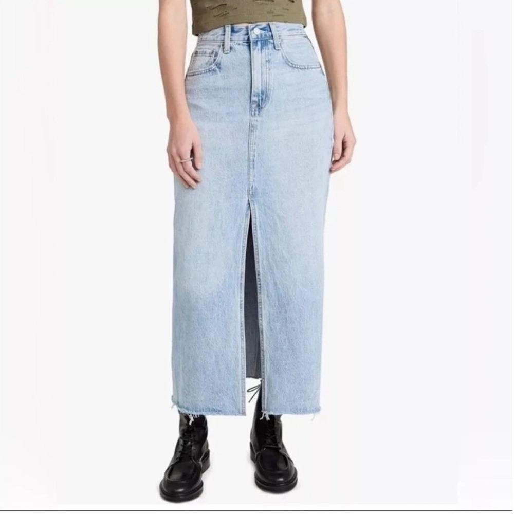Pistola Brooklyn High Rise Denim Maxi Skirt Light Wash Blue Raw Hem Size 28